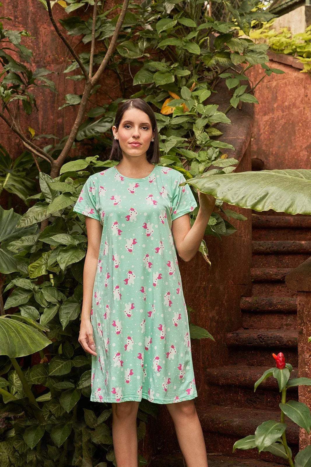 Velure Starry Unicorn Short Nighty - Velure - Short Nighty - Cotton, Half Sleeves, Knee Length, Printed, Round neck