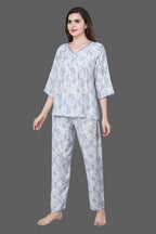 Velure Blue Leaves Print Frock-Style Night Suit - Velure - - 3/4 Sleeves, Frock Style, Full Length Pants, Linen, V Neck