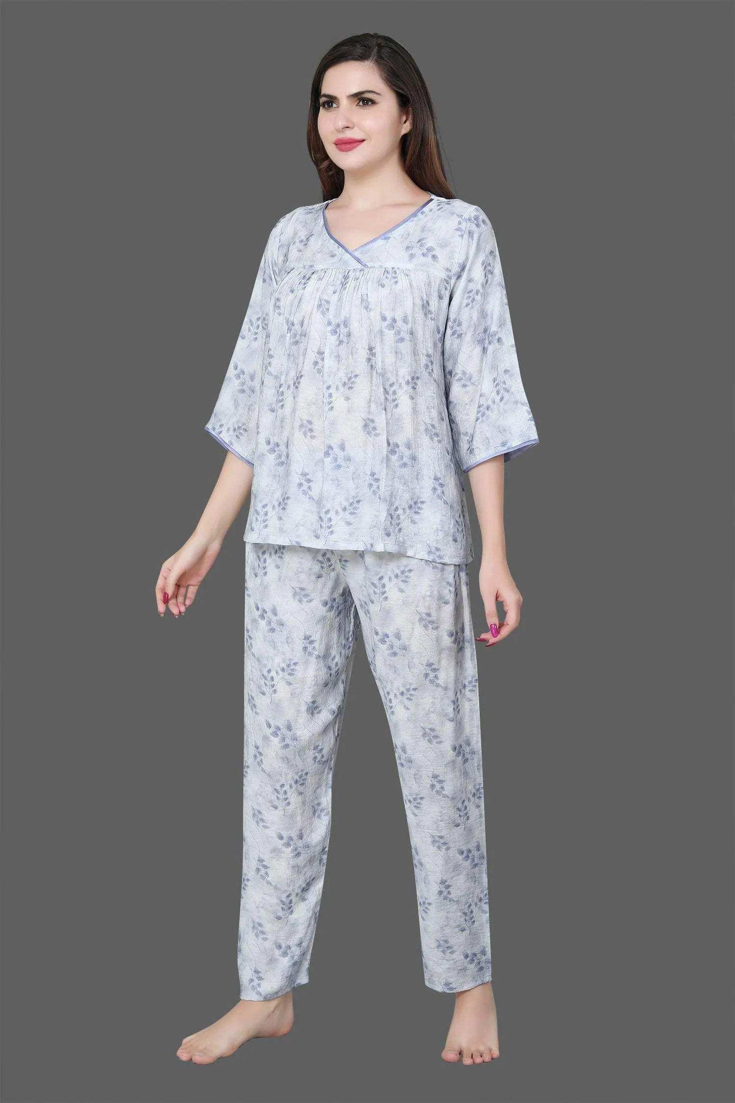 Velure Blue Leaves Print Frock-Style Night Suit - Velure - - 3/4 Sleeves, Frock Style, Full Length Pants, Linen, V Neck