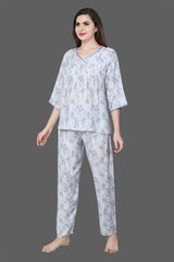 Velure Blue Leaves Print Frock-Style Night Suit - Velure - Long Top and Pant - 3/4 Sleeves, Frock Style, Full Length Pants, Linen, V Neck