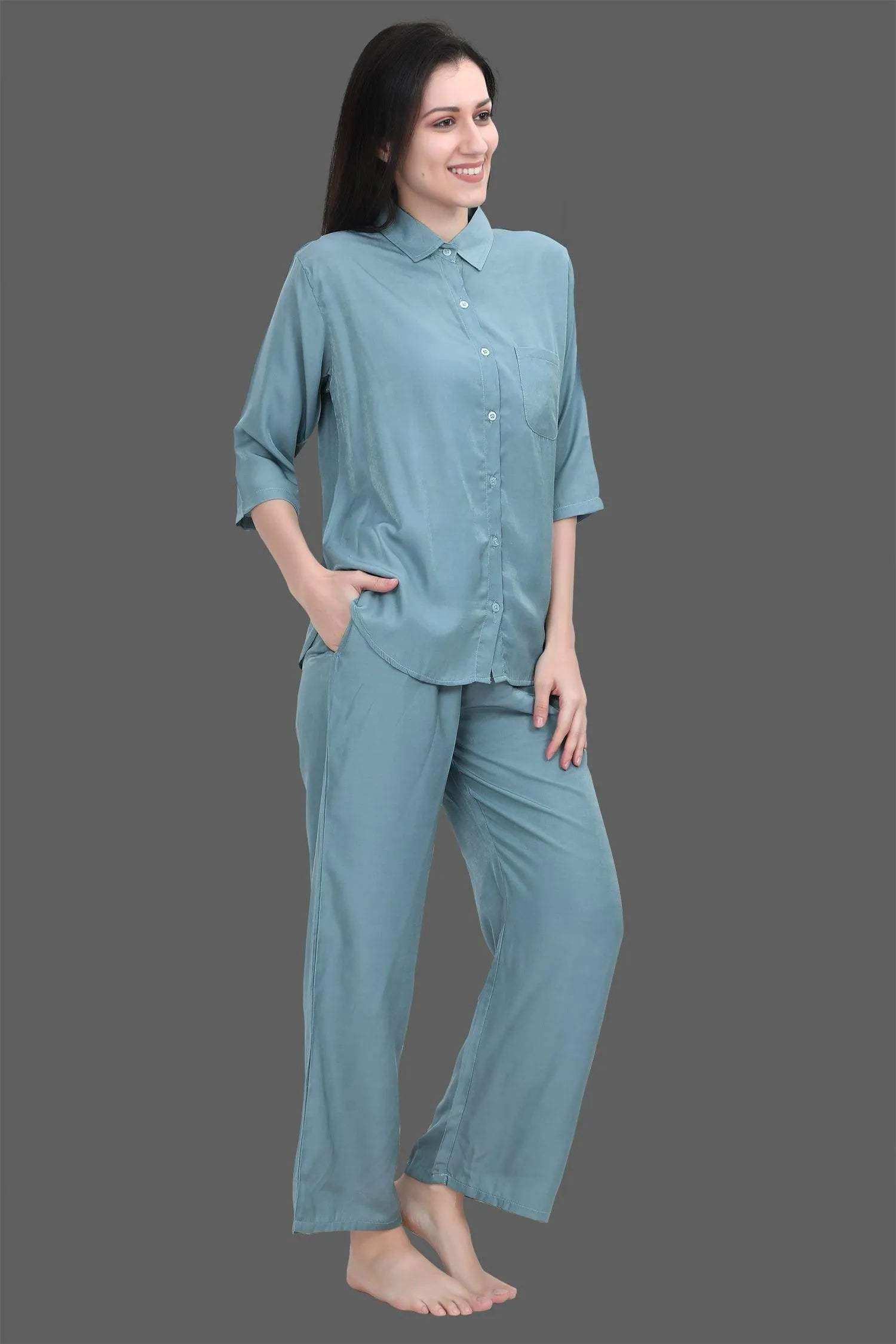 Velure Cozy Palazzo Co-ord Set - Velure - - 3/4 Sleeves, Collar Neck, Cotton, Front Button Open, Full Length Pant