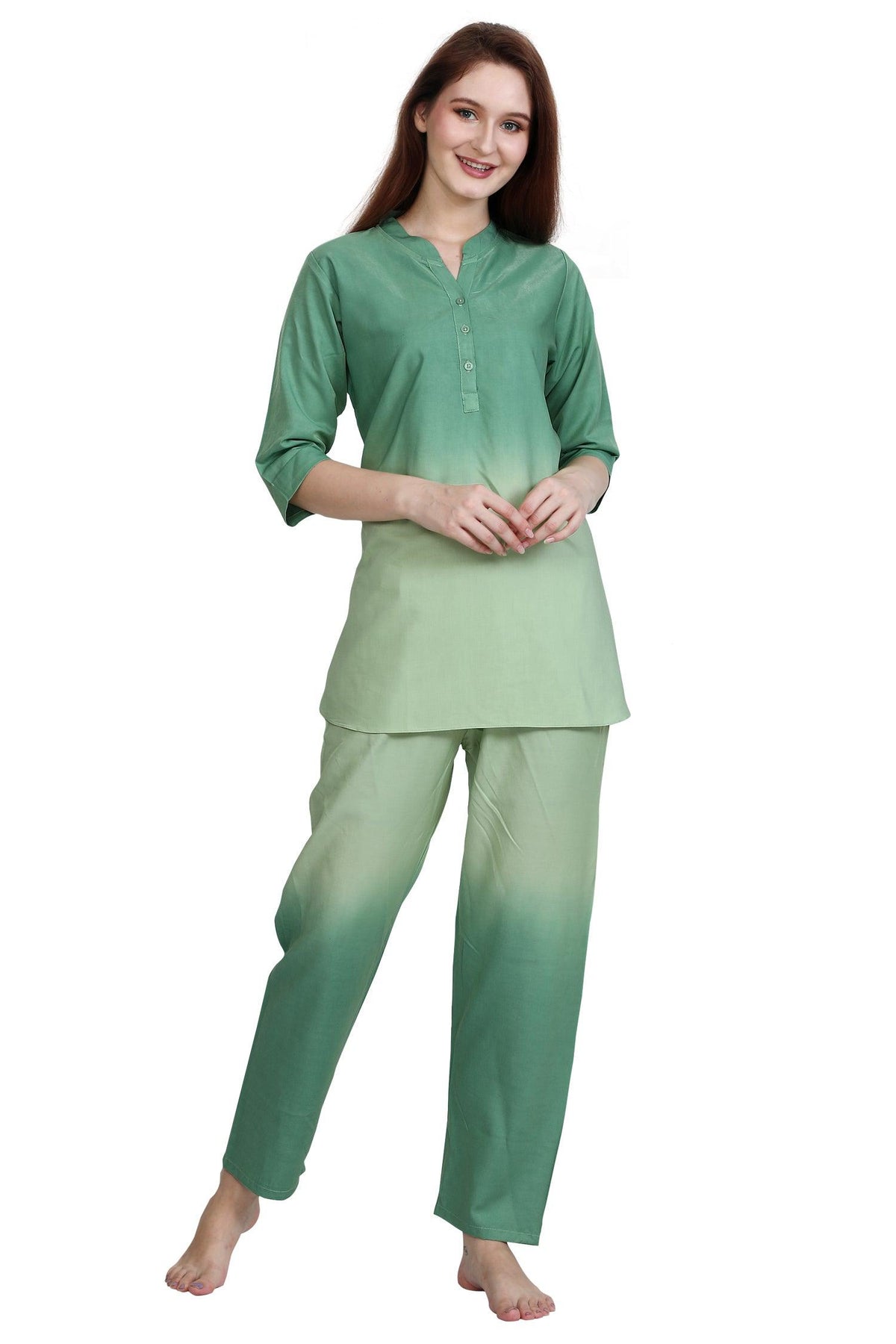 Velure Green Dual Shade Kurti Style Night Suit - Velure - - 3/4 Sleeves, Collar Neck, Cotton, Full Length Pant