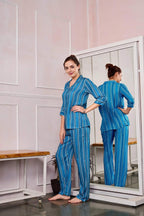 Velure Unique Fusion Stripes Night Suit - Velure - - 3/4 Sleeves, Abstract Print, Collar Neck, Cotton, Front Button Open, Full Length Pant