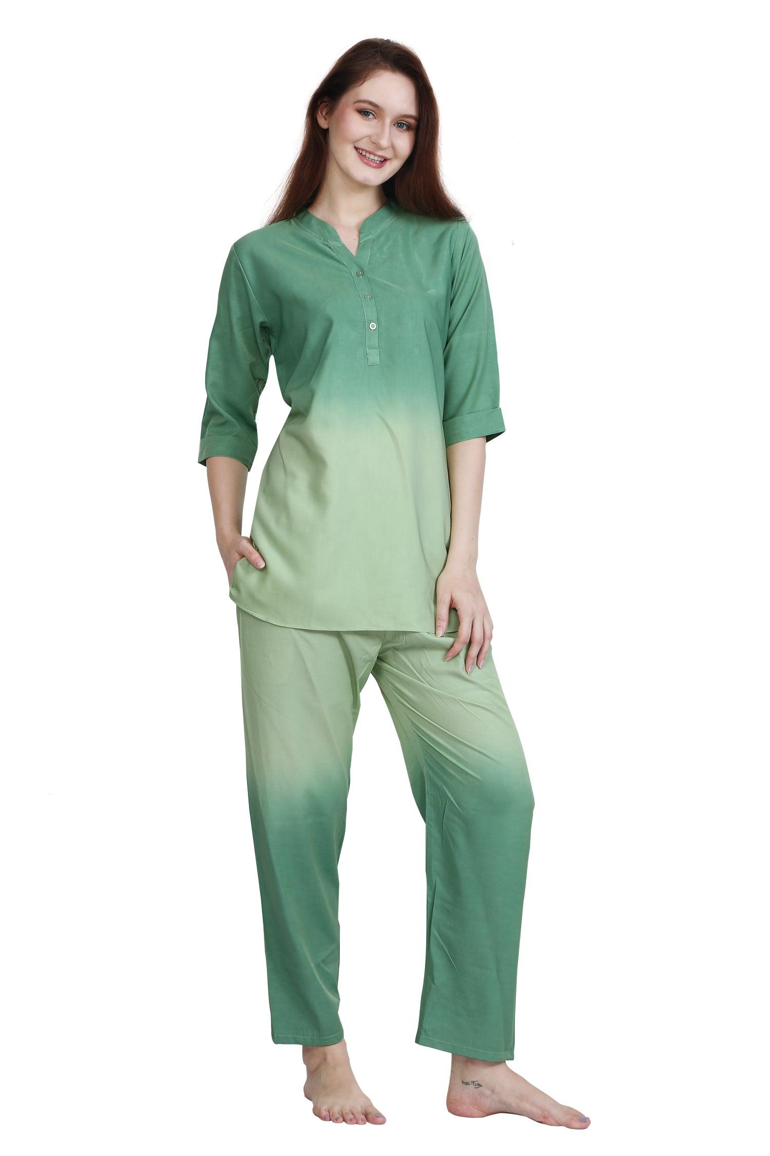 Velure Green Dual Shade Kurti Style Night Suit - Velure - - 3/4 Sleeves, Collar Neck, Cotton, Full Length Pant