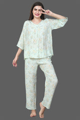 Velure Green Floral Print Frock-Style Night Suit - Velure - Long Top and Pant - 3/4 Sleeves, Frock Style, Full Length Pants, Linen, V Neck