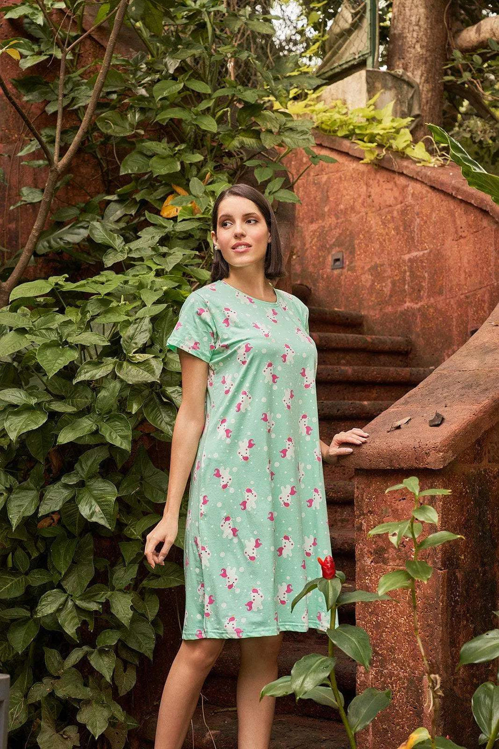 Velure Starry Unicorn Short Nighty - Velure - Short Nighty - Cotton, Half Sleeves, Knee Length, Printed, Round neck
