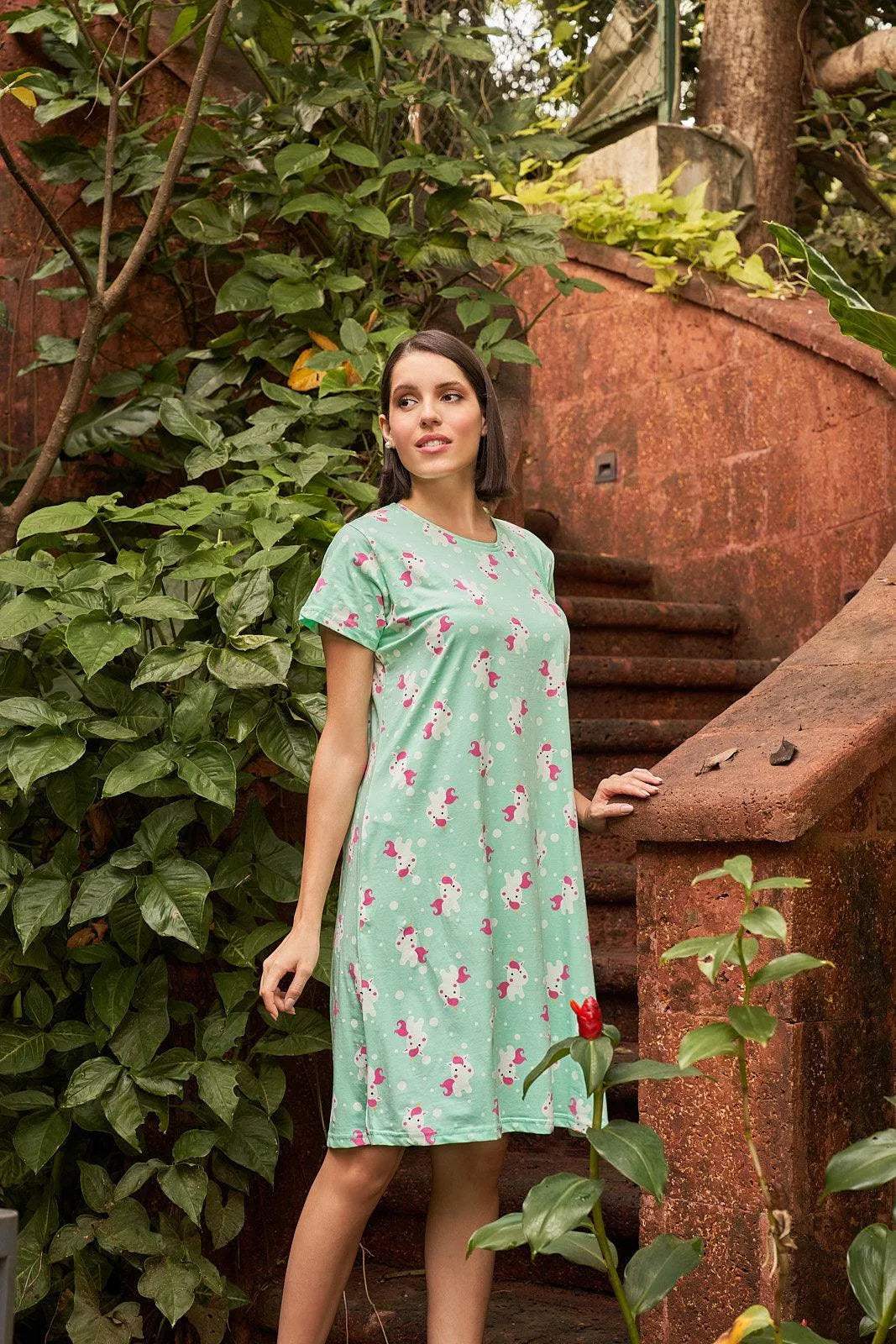 Velure Starry Unicorn Short Nighty - Velure - Short Nighty - Cotton, Half Sleeves, Knee Length, Printed, Round neck