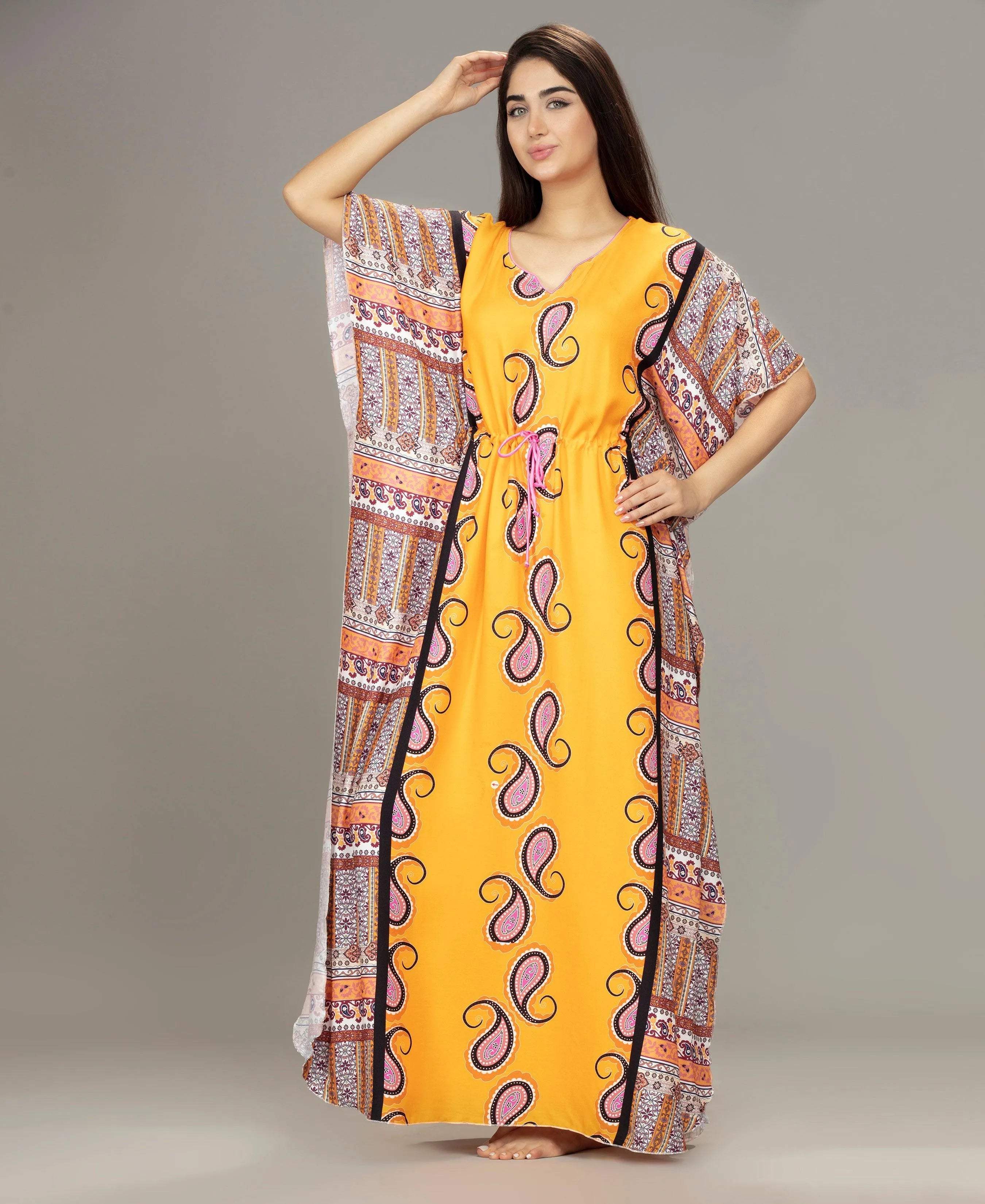 Paisley Printed Kaftan - Velure - Kaftan - Center Drawstring, Cotton, Full Length Nighty, Jaipuri Prints