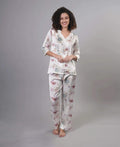 Velure Disty Floral Print Satin Night Suit - Velure - - 3/4 Sleeves, Collar Neck, Floral Print, Front Button Open, Full Length Pant, Satin