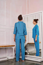 Velure Unique Fusion Stripes Night Suit - Velure - - 3/4 Sleeves, Abstract Print, Collar Neck, Cotton, Front Button Open, Full Length Pant