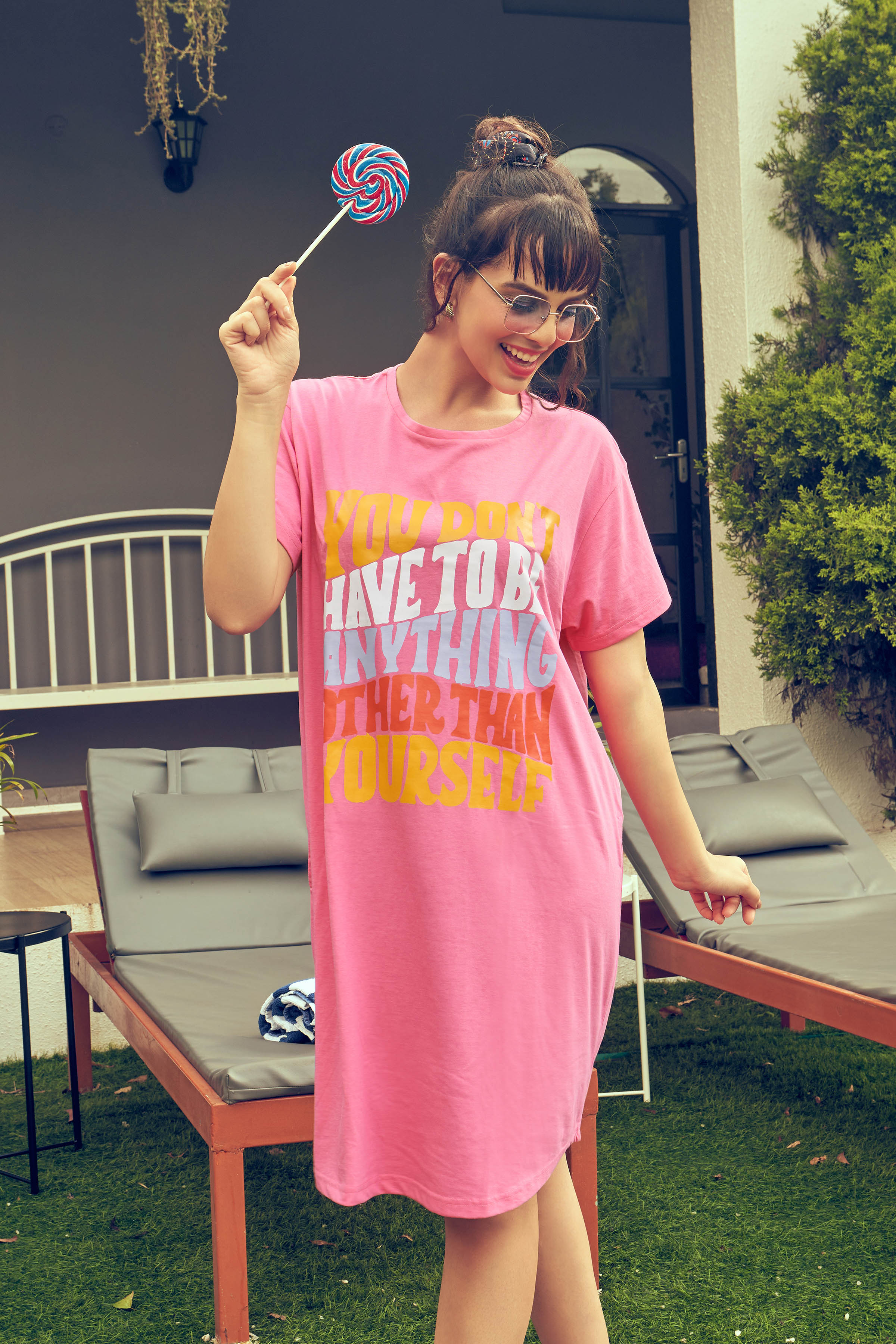 Pink T-Shirt Short Nighty - Velure - Short Nighty - Cotton, Half Sleeves, Knee Length, Printed, Round neck