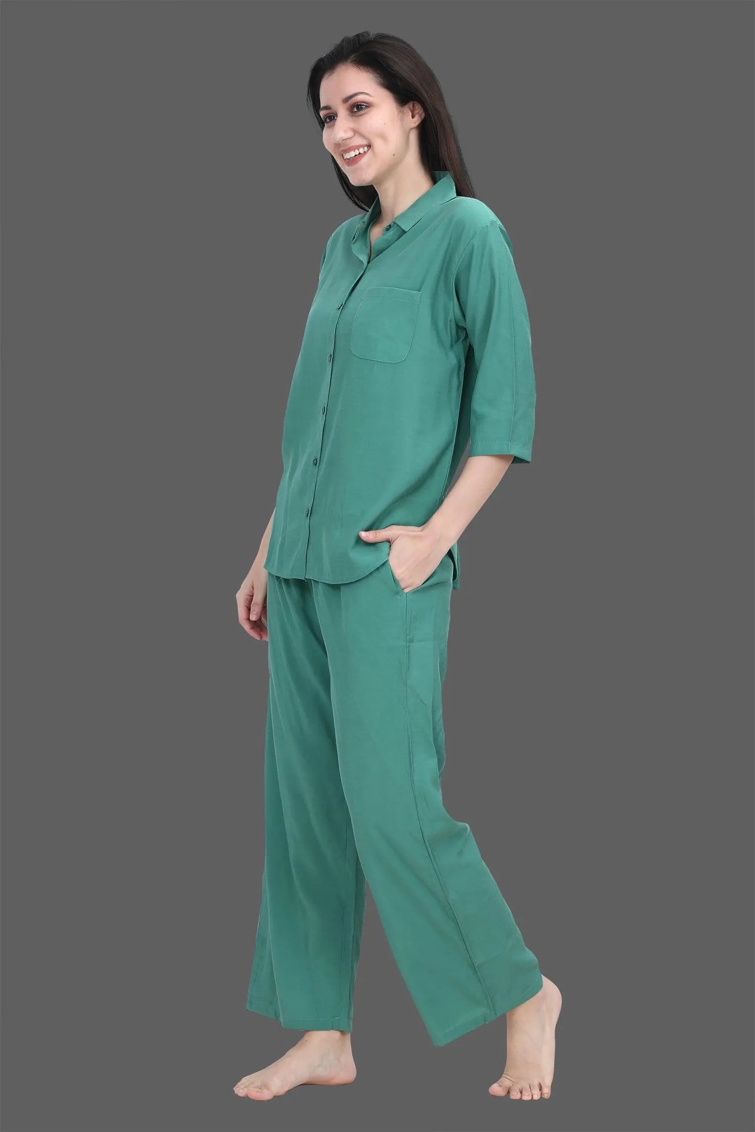 Velure Pleasing Green Palazzo Co-ord Set - Velure, , Are you in search of a comfortable and stylish palazzo Co-ord Set to help you feel relaxed and cozy? If so, you'll adore our palazzo set. It includes a collared, front-open shirt and a pair of wide-legged pants. This set is crafted from soft, breathable cotton fabric, ensuring you stay cool and comfortable all night long.