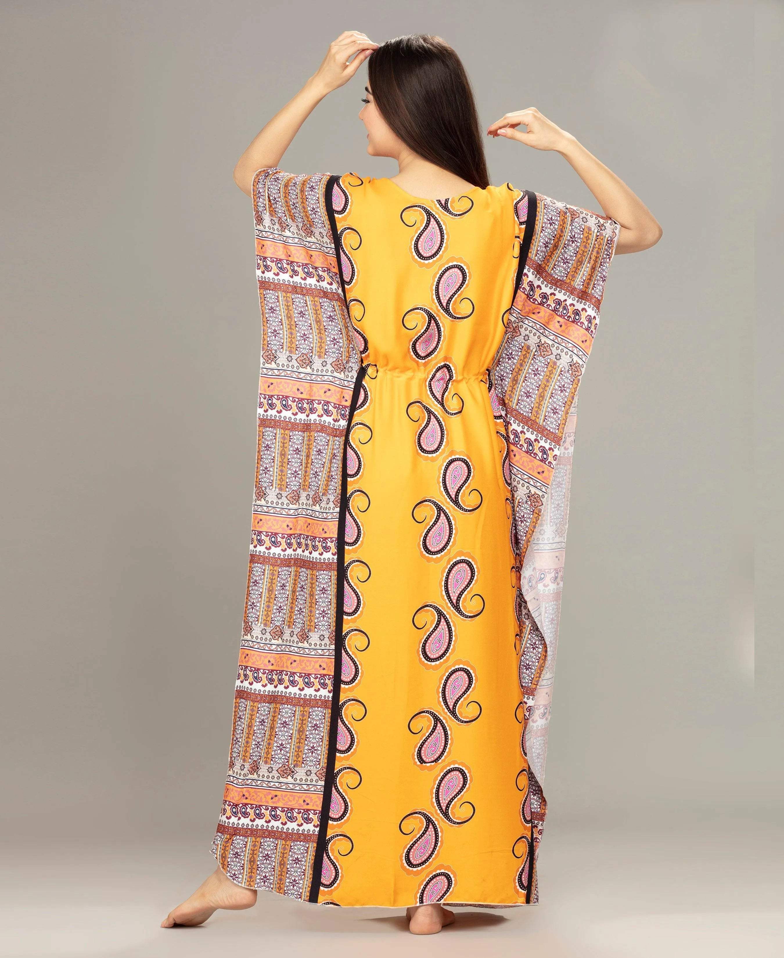 Paisley Printed Kaftan - Velure - Kaftan - Center Drawstring, Cotton, Full Length Nighty, Jaipuri Prints
