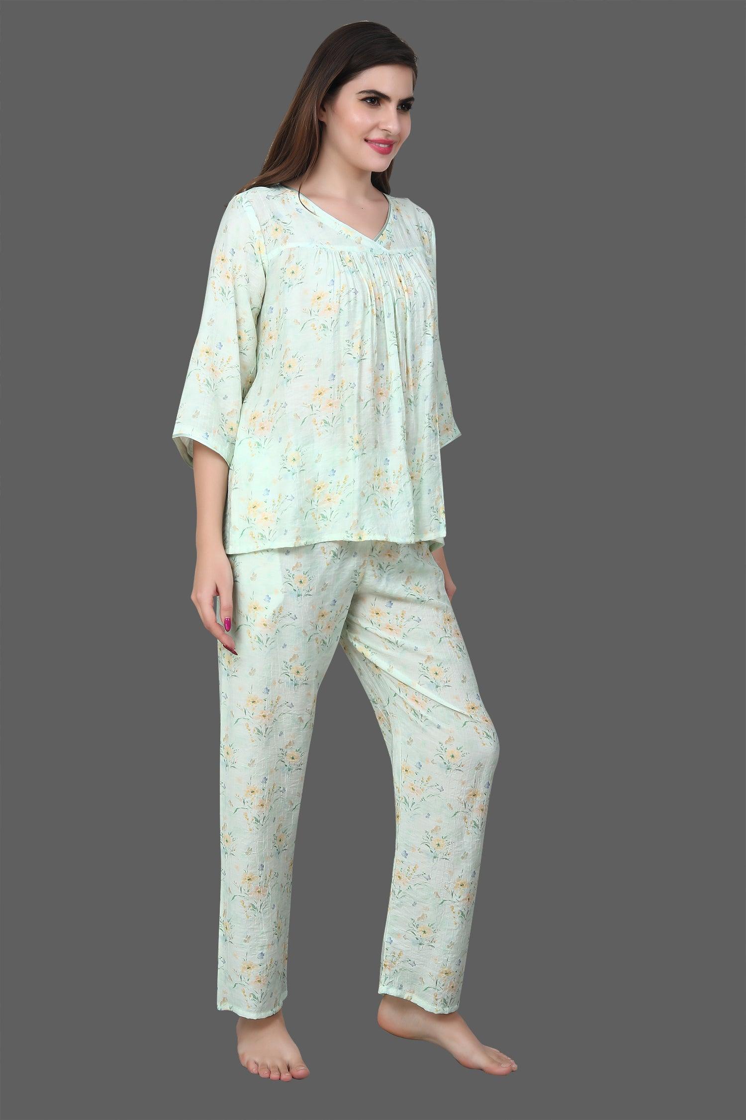 Velure Green Floral Print Frock-Style Night Suit - Velure - Long Top and Pant - 3/4 Sleeves, Frock Style, Full Length Pants, Linen, V Neck