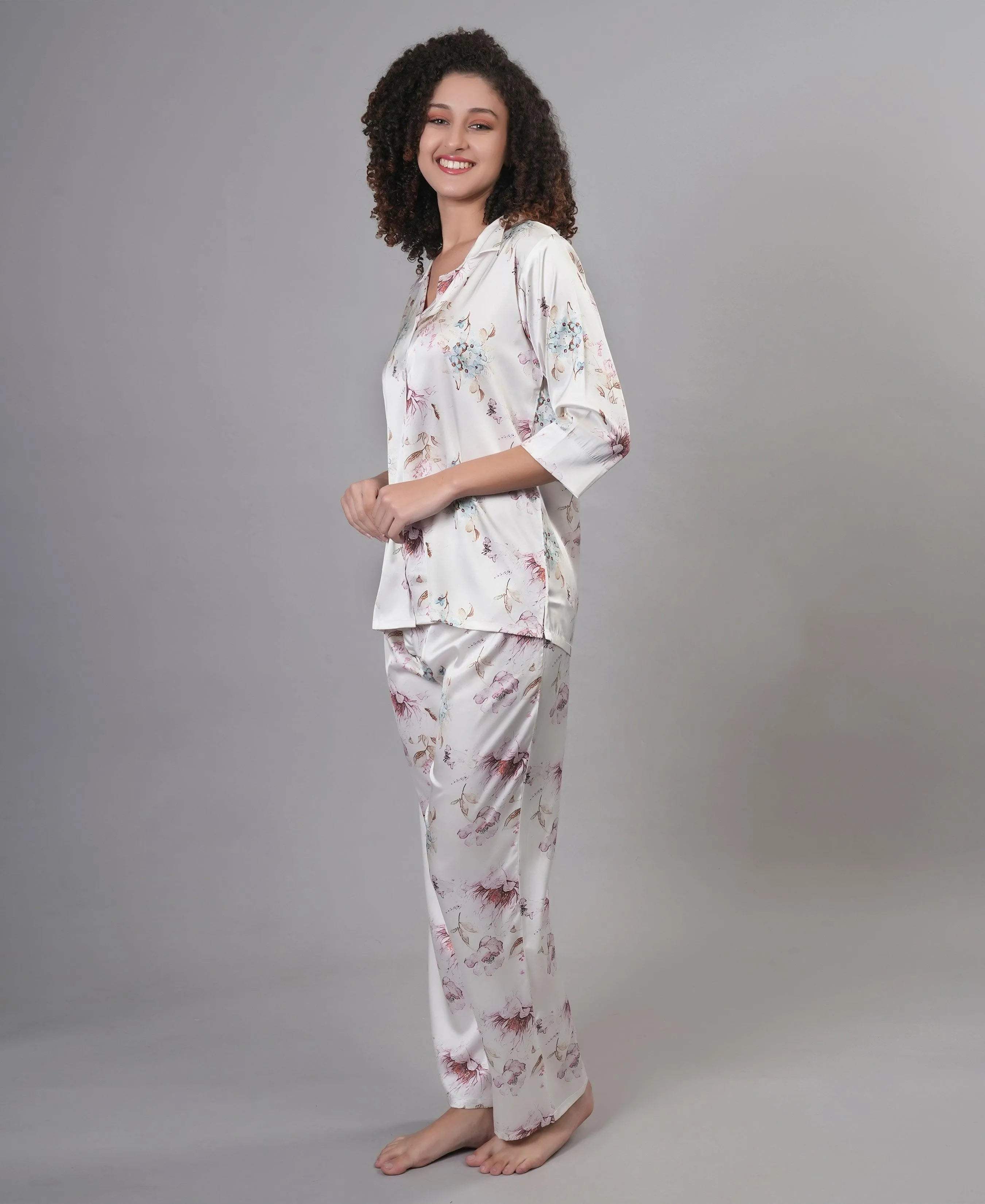 Velure Disty Floral Print Satin Night Suit - Velure - - 3/4 Sleeves, Collar Neck, Floral Print, Front Button Open, Full Length Pant, Satin