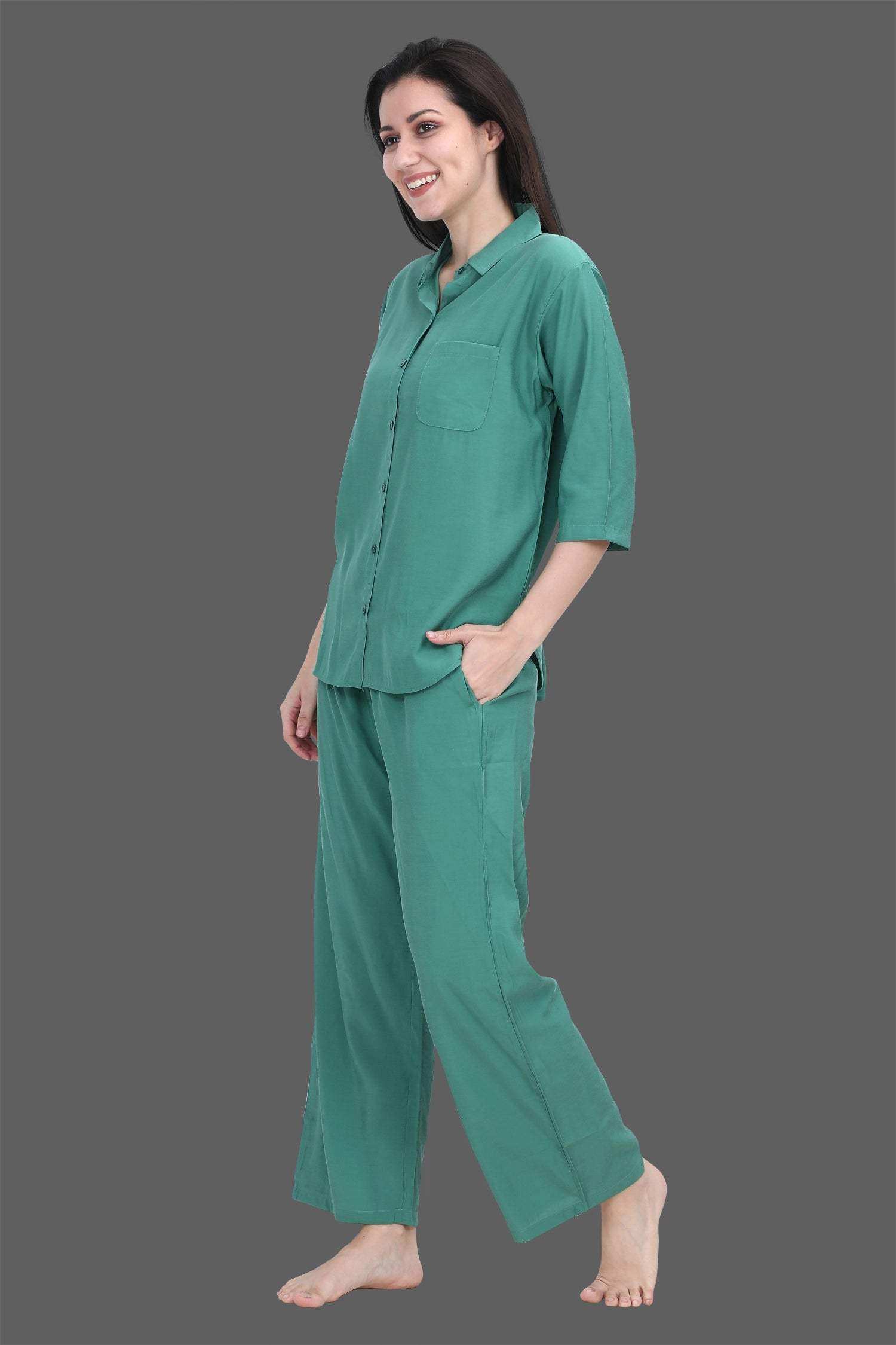 Velure Pleasing Green Palazzo Co-ord Set - Velure - - 3/4 Sleeves, Collar Neck, Cotton, Front Button Open, Full Length Pant