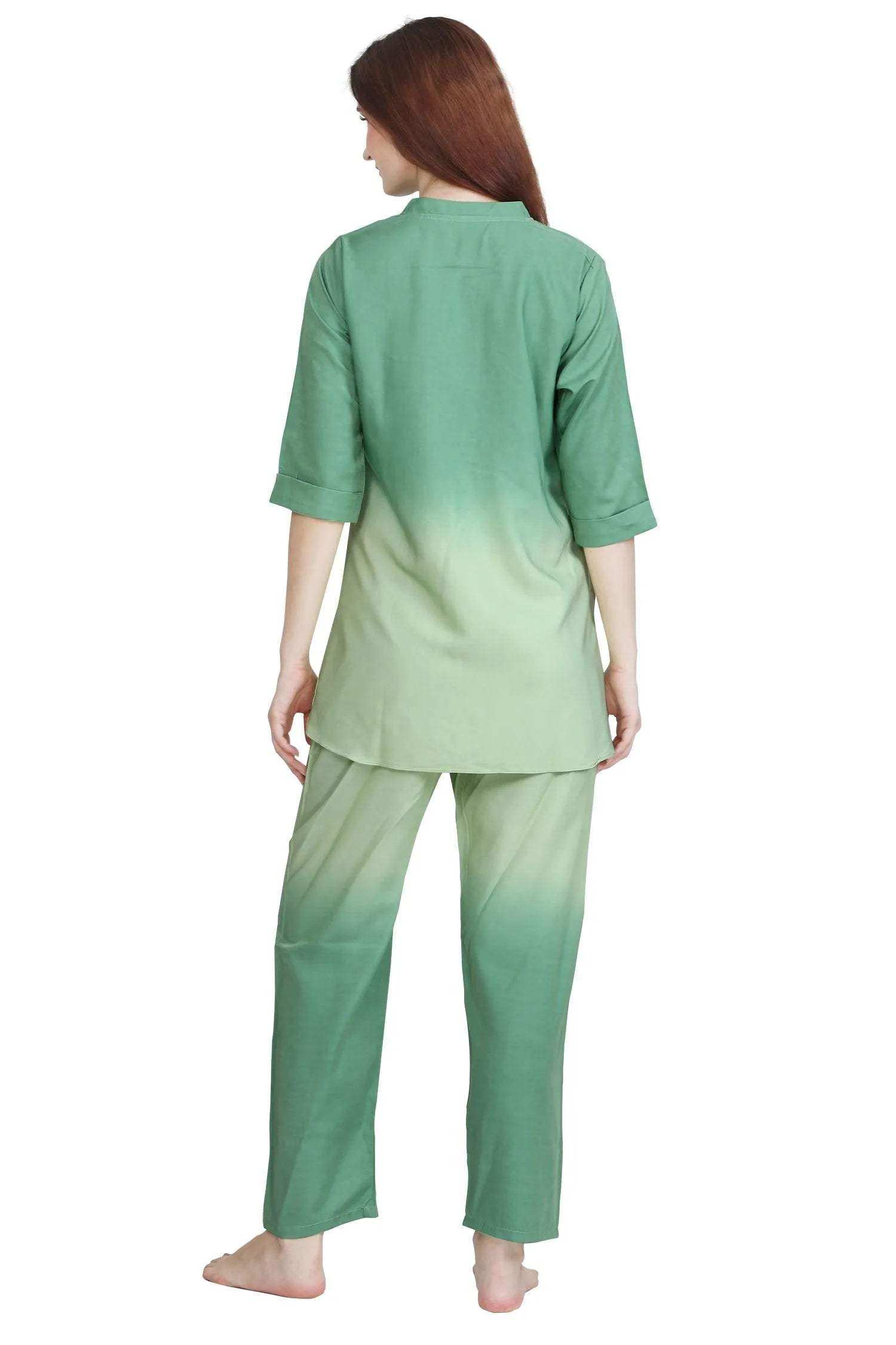 Velure Green Dual Shade Kurti Style Night Suit - Velure - - 3/4 Sleeves, Collar Neck, Cotton, Full Length Pant