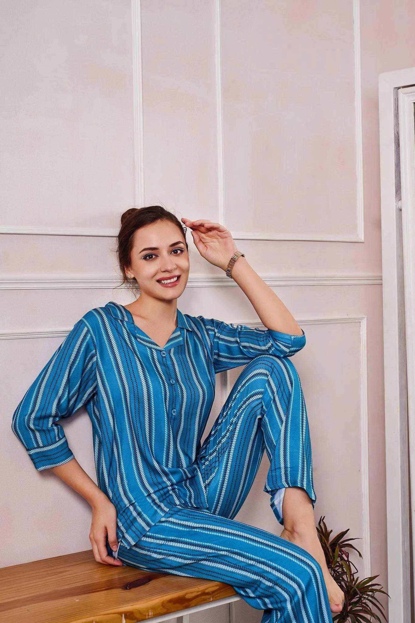 Velure Unique Fusion Stripes Night Suit - Velure - - 3/4 Sleeves, Abstract Print, Collar Neck, Cotton, Front Button Open, Full Length Pant