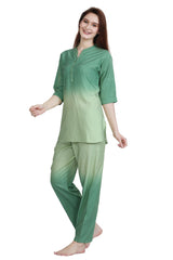 Velure Green Dual Shade Kurti Style Night Suit - Velure - - 3/4 Sleeves, Collar Neck, Cotton, Full Length Pant