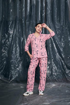Velure Ethnic Floral Stripes Night Suit - Velure - - 3/4 Sleeves, Collar Neck, Cotton, Floral Print, Front Button Open, Full Length Pant