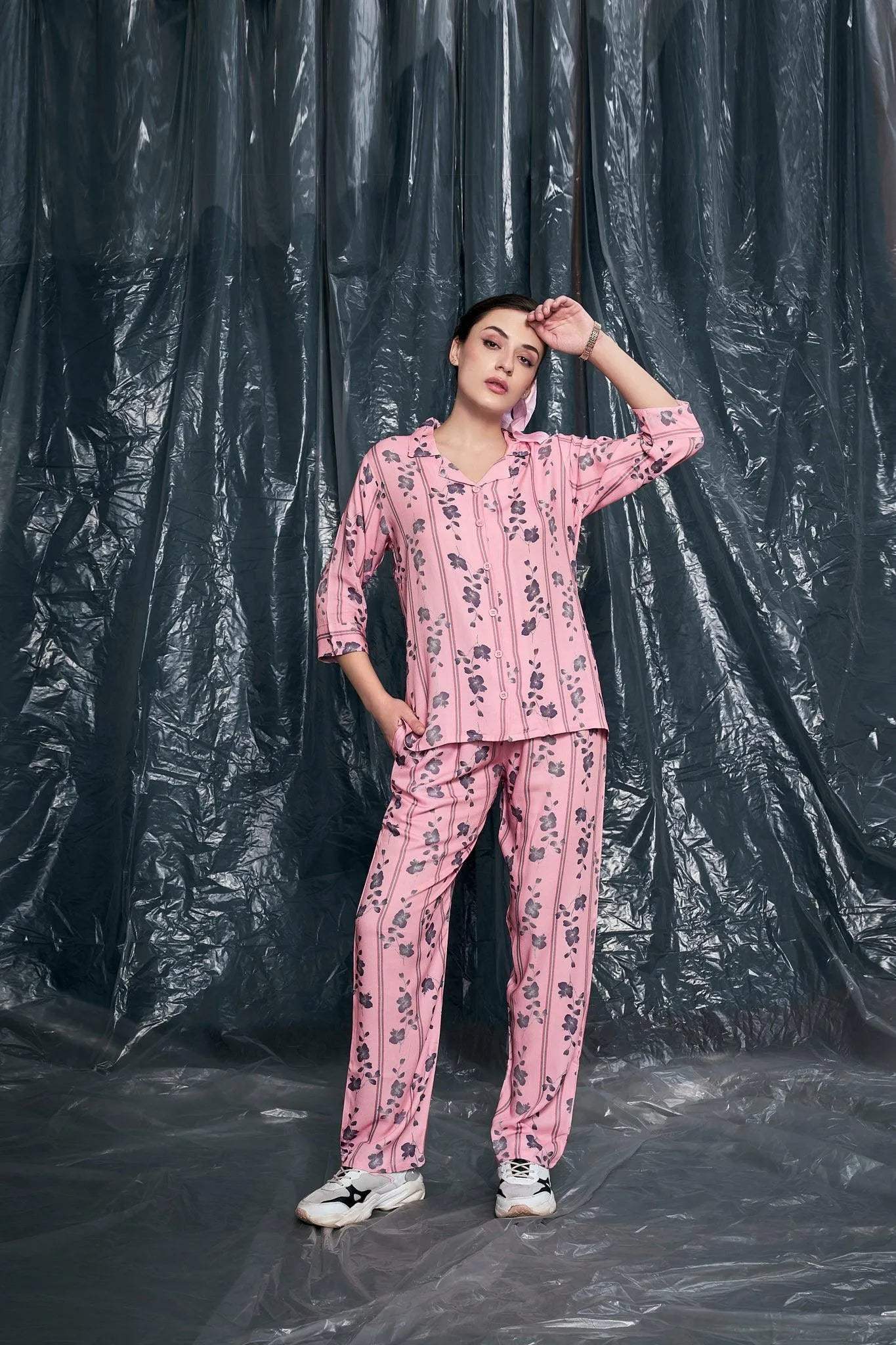 Velure Ethnic Floral Stripes Night Suit - Velure - - 3/4 Sleeves, Collar Neck, Cotton, Floral Print, Front Button Open, Full Length Pant