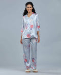 Lilac Floral Print Satin Night Suit - Velure - Shirt and Pant - 3/4 Sleeves, Collar Neck, Floral Print, Front Button Open, Full Length Pant, Satin