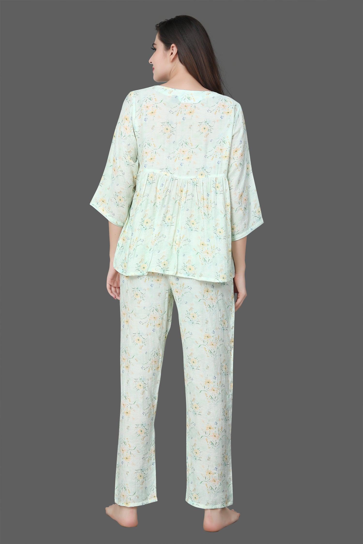 Velure Green Floral Print Frock-Style Night Suit - Velure - Long Top and Pant - 3/4 Sleeves, Frock Style, Full Length Pants, Linen, V Neck