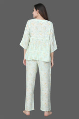 Velure Green Floral Print Frock-Style Night Suit - Velure - Long Top and Pant - 3/4 Sleeves, Frock Style, Full Length Pants, Linen, V Neck