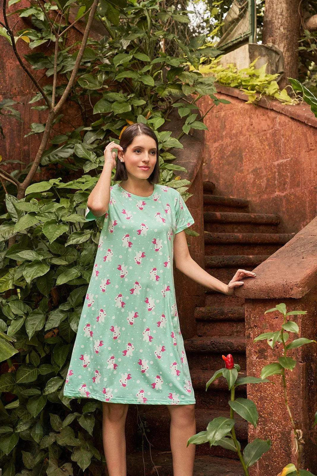 Velure Starry Unicorn Short Nighty - Velure - Short Nighty - Cotton, Half Sleeves, Knee Length, Printed, Round neck