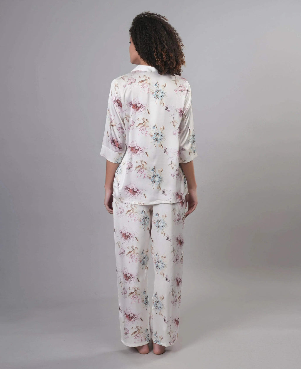 Velure Disty Floral Print Satin Night Suit - Velure - - 3/4 Sleeves, Collar Neck, Floral Print, Front Button Open, Full Length Pant, Satin