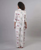 Velure Disty Floral Print Satin Night Suit - Velure - - 3/4 Sleeves, Collar Neck, Floral Print, Front Button Open, Full Length Pant, Satin