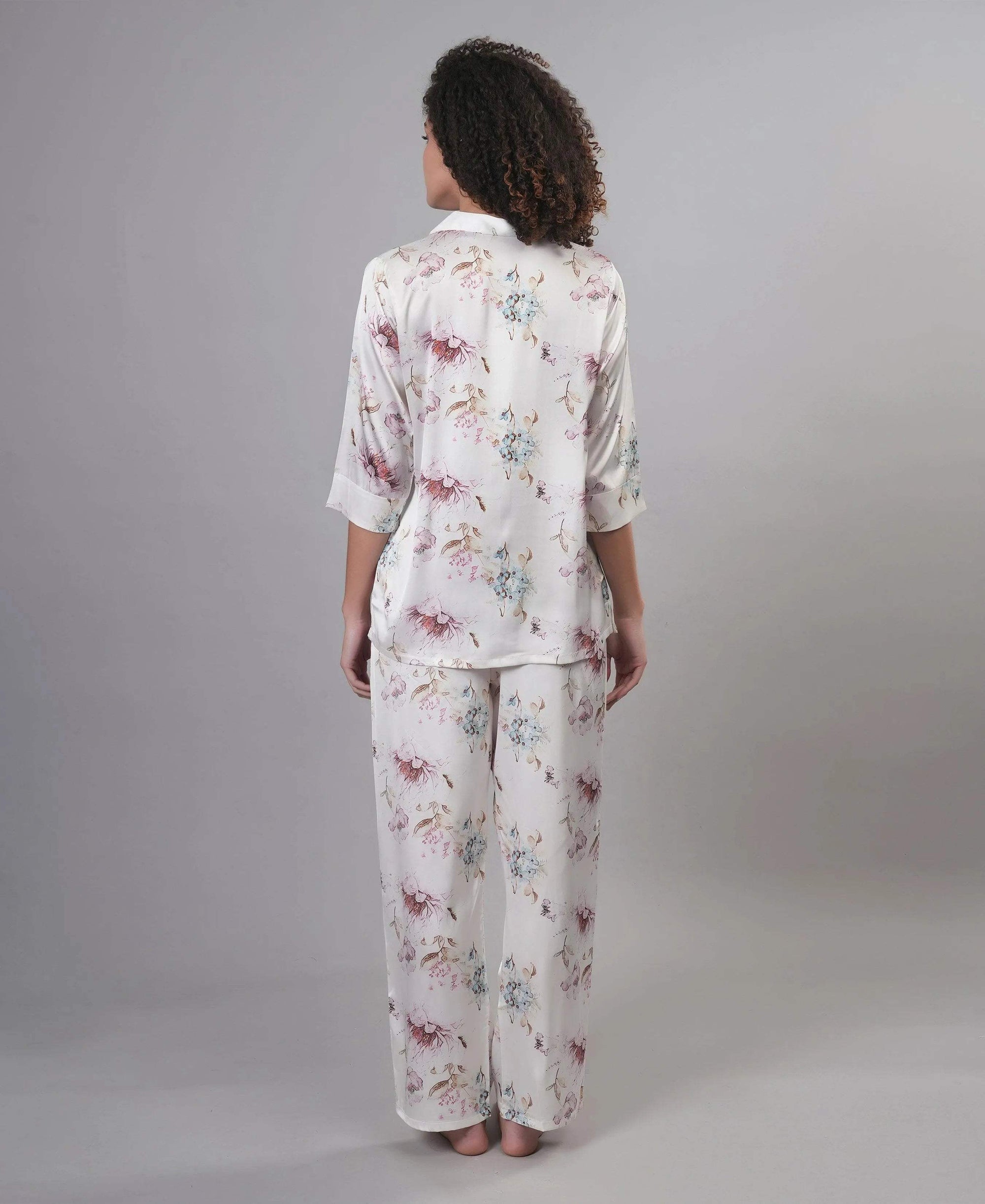 Velure Disty Floral Print Satin Night Suit - Velure - - 3/4 Sleeves, Collar Neck, Floral Print, Front Button Open, Full Length Pant, Satin
