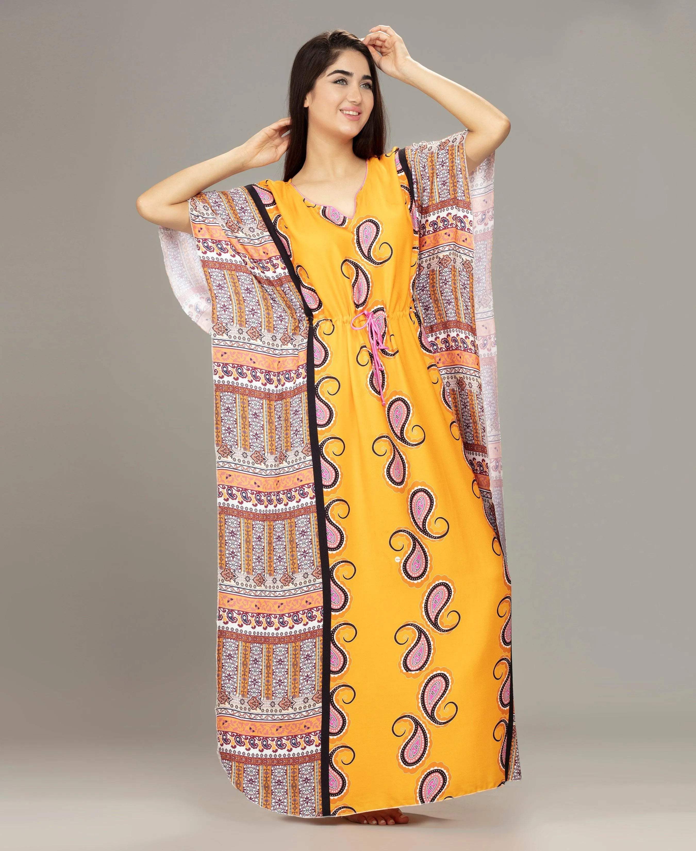 Paisley Printed Kaftan - Velure - Kaftan - Center Drawstring, Cotton, Full Length Nighty, Jaipuri Prints