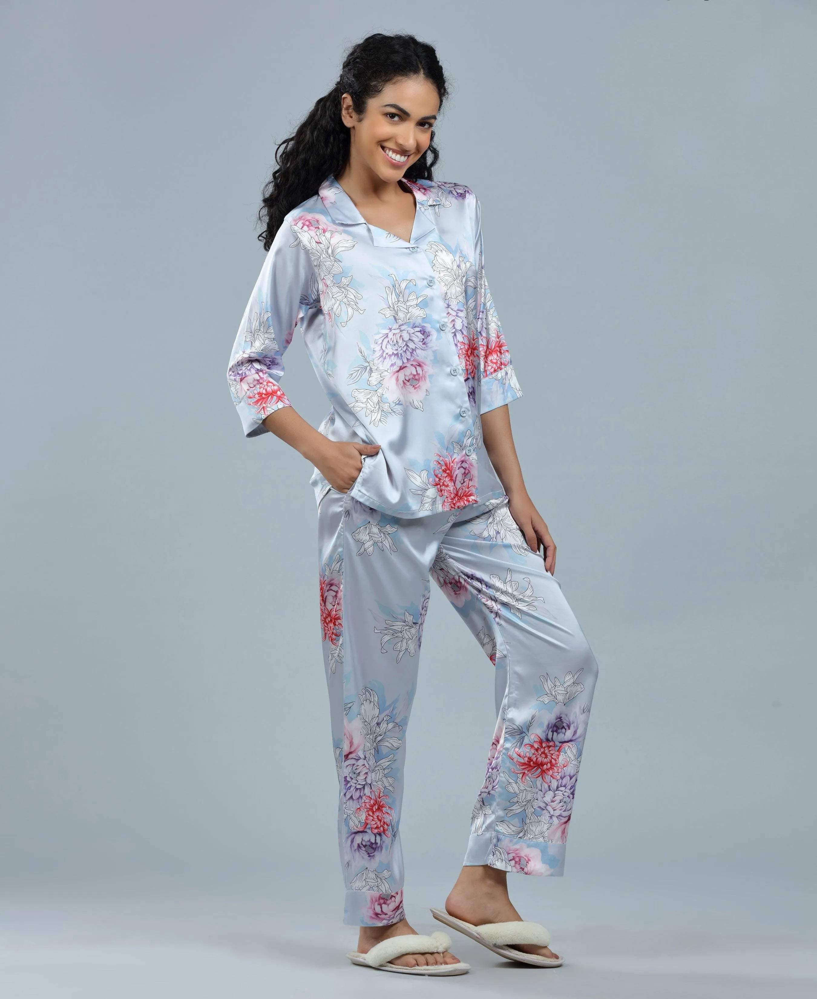 Lilac Floral Print Satin Night Suit - Velure - Shirt and Pant - 3/4 Sleeves, Collar Neck, Floral Print, Front Button Open, Full Length Pant, Satin