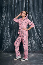 Velure Ethnic Floral Stripes Night Suit - Velure - - 3/4 Sleeves, Collar Neck, Cotton, Floral Print, Front Button Open, Full Length Pant
