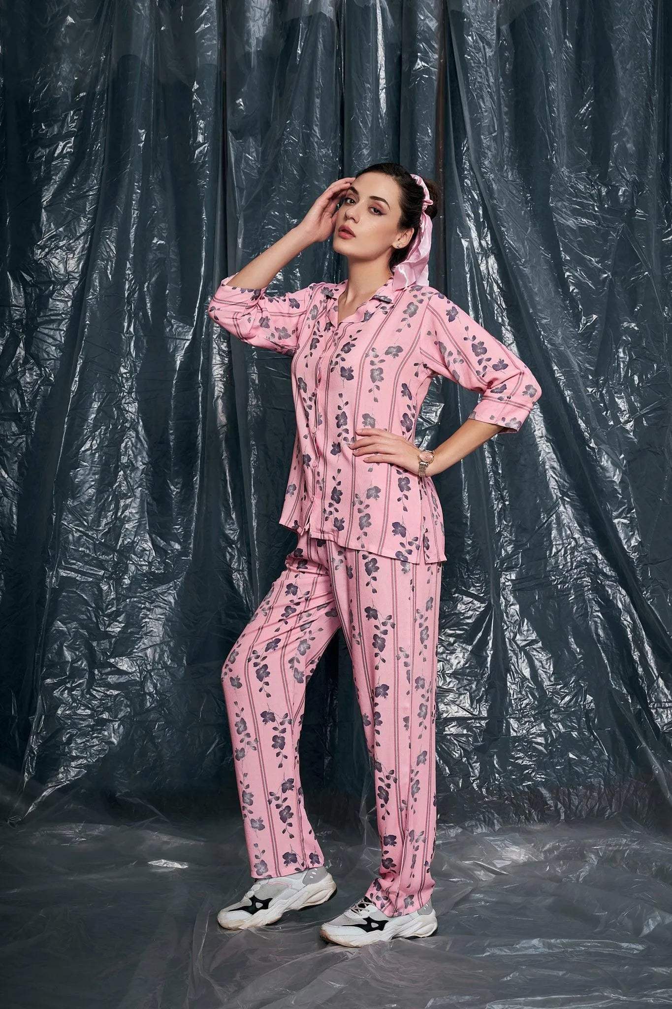 Velure Ethnic Floral Stripes Night Suit - Velure - - 3/4 Sleeves, Collar Neck, Cotton, Floral Print, Front Button Open, Full Length Pant