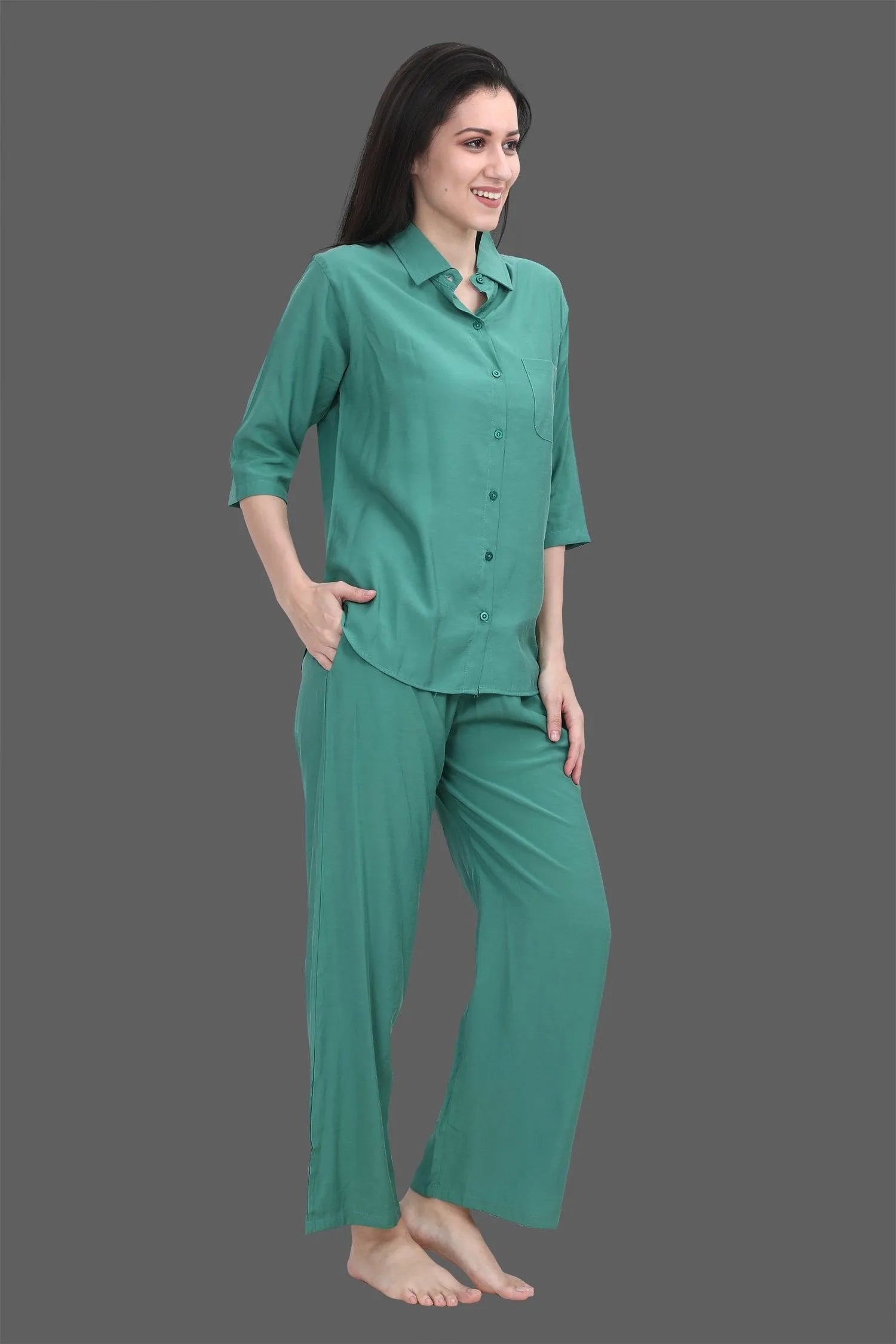 Velure Pleasing Green Palazzo Co-ord Set - Velure, , Are you in search of a comfortable and stylish palazzo Co-ord Set to help you feel relaxed and cozy? If so, you'll adore our palazzo set. It includes a collared, front-open shirt and a pair of wide-legged pants. This set is crafted from soft, breathable cotton fabric, ensuring you stay cool and comfortable all night long.