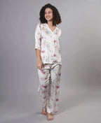 Velure Disty Floral Print Satin Night Suit - Velure - - 3/4 Sleeves, Collar Neck, Floral Print, Front Button Open, Full Length Pant, Satin