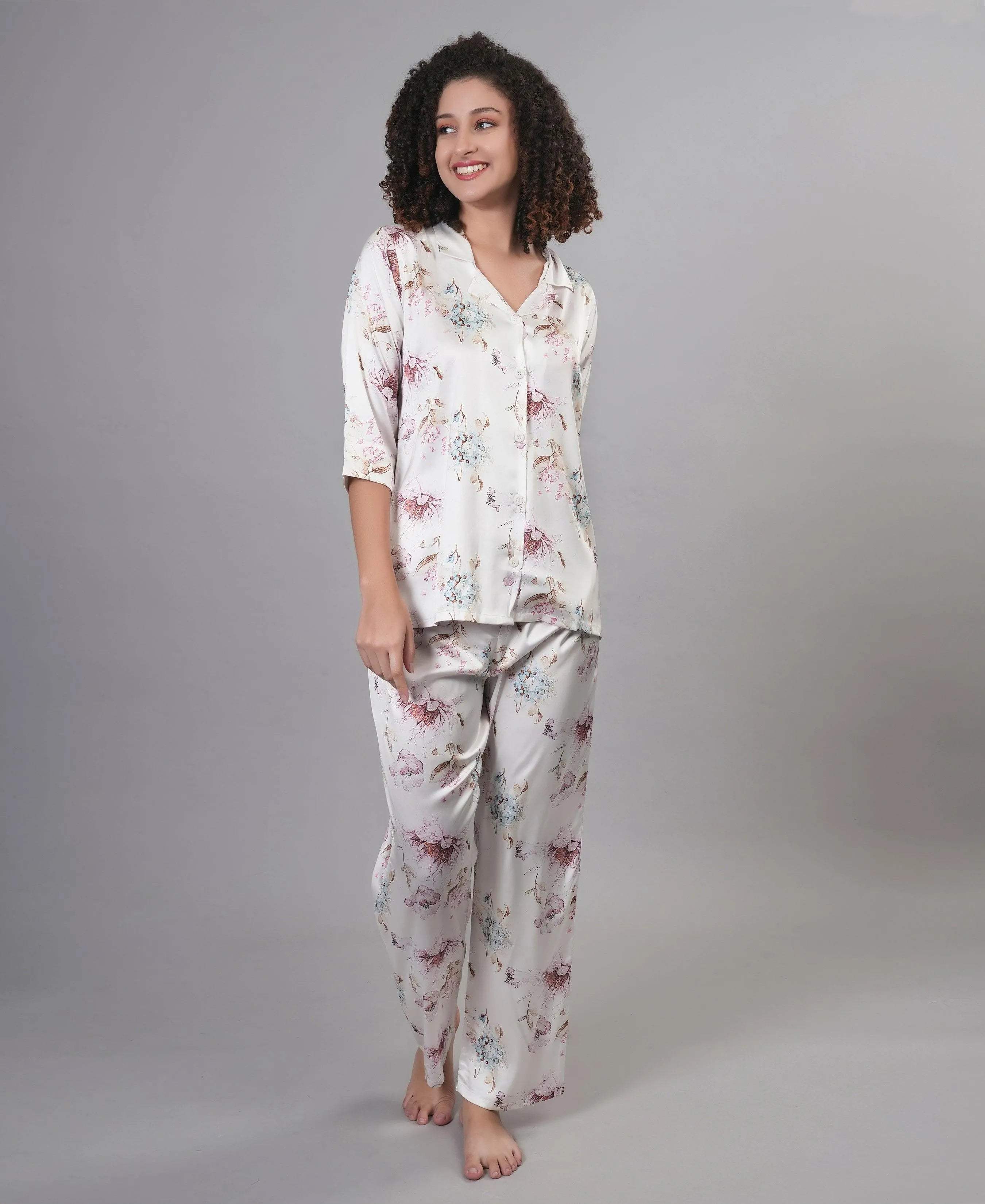 Velure Disty Floral Print Satin Night Suit - Velure - - 3/4 Sleeves, Collar Neck, Floral Print, Front Button Open, Full Length Pant, Satin