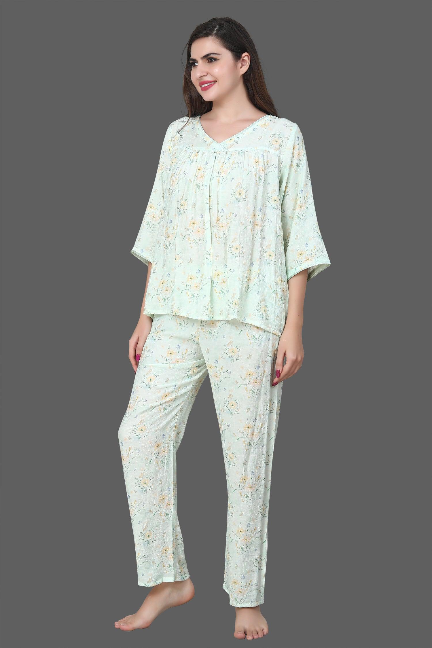 Velure Green Floral Print Frock-Style Night Suit - Velure - Long Top and Pant - 3/4 Sleeves, Frock Style, Full Length Pants, Linen, V Neck