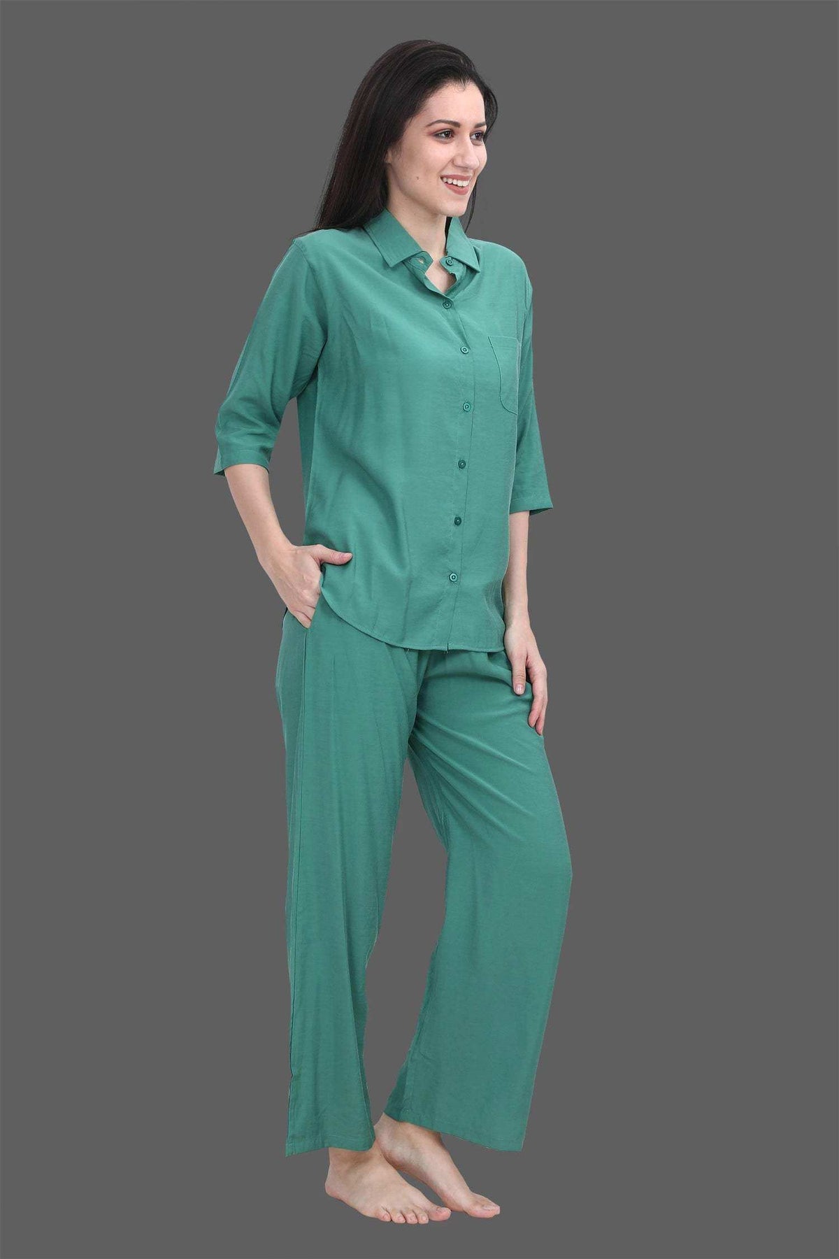 Velure Pleasing Green Palazzo Co-ord Set - Velure - Long Top and Pant - 3/4 Sleeves, Collar Neck, Cotton, Front Button Open, Full Length Pant