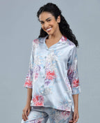 Lilac Floral Print Satin Night Suit - Velure - Shirt and Pant - 3/4 Sleeves, Collar Neck, Floral Print, Front Button Open, Full Length Pant, Satin