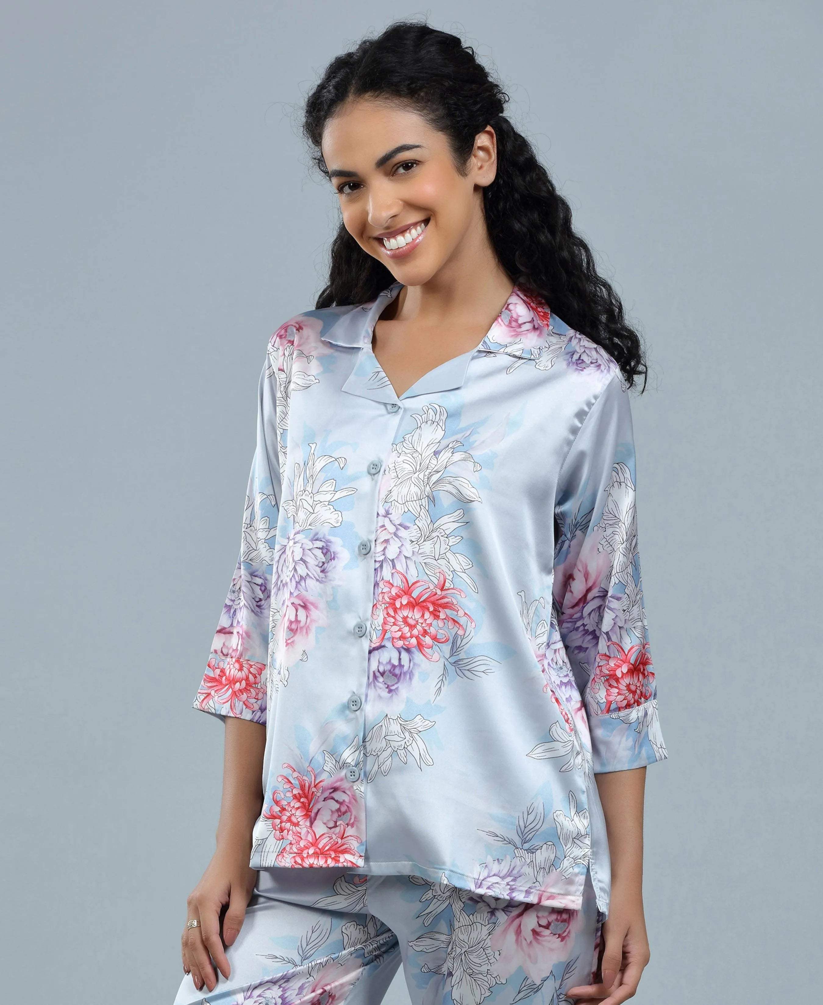 Lilac Floral Print Satin Night Suit - Velure - Shirt and Pant - 3/4 Sleeves, Collar Neck, Floral Print, Front Button Open, Full Length Pant, Satin