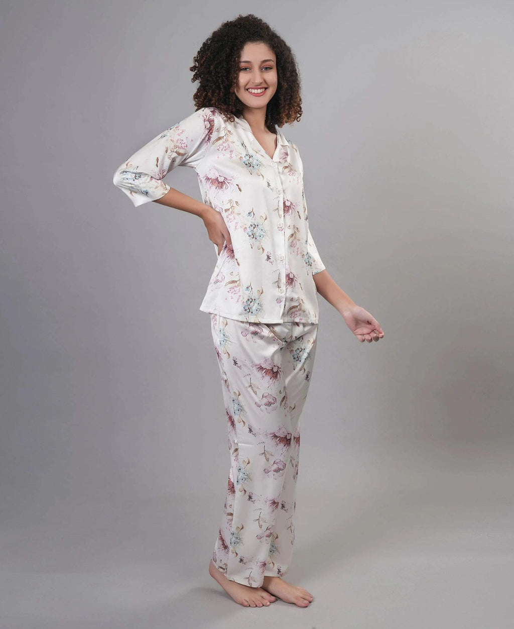 Velure Disty Floral Print Satin Night Suit - Velure - - 3/4 Sleeves, Collar Neck, Floral Print, Front Button Open, Full Length Pant, Satin