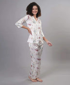 Velure Disty Floral Print Satin Night Suit - Velure - - 3/4 Sleeves, Collar Neck, Floral Print, Front Button Open, Full Length Pant, Satin