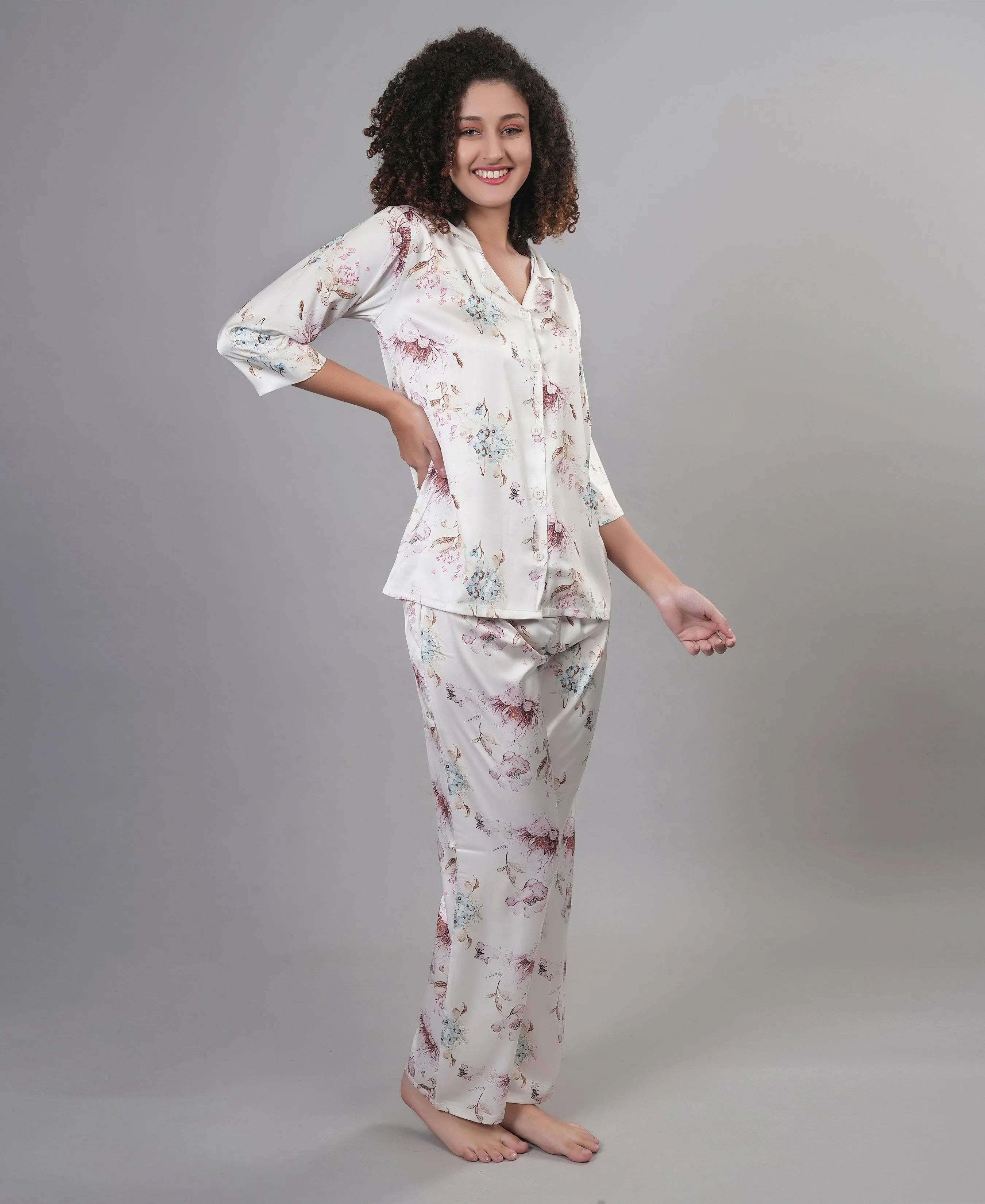 Velure Disty Floral Print Satin Night Suit - Velure - - 3/4 Sleeves, Collar Neck, Floral Print, Front Button Open, Full Length Pant, Satin