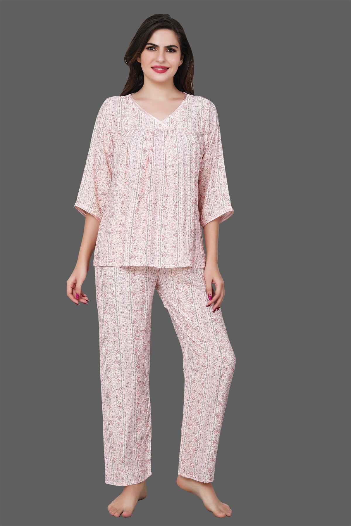 Velure Cream Abstract Print Frock-Style Night Suit - Velure - Long Top and Pant - 3/4 Sleeves, Frock Style, Full Length Pants, Linen, V Neck