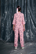 Velure Ethnic Floral Stripes Night Suit - Velure - - 3/4 Sleeves, Collar Neck, Cotton, Floral Print, Front Button Open, Full Length Pant