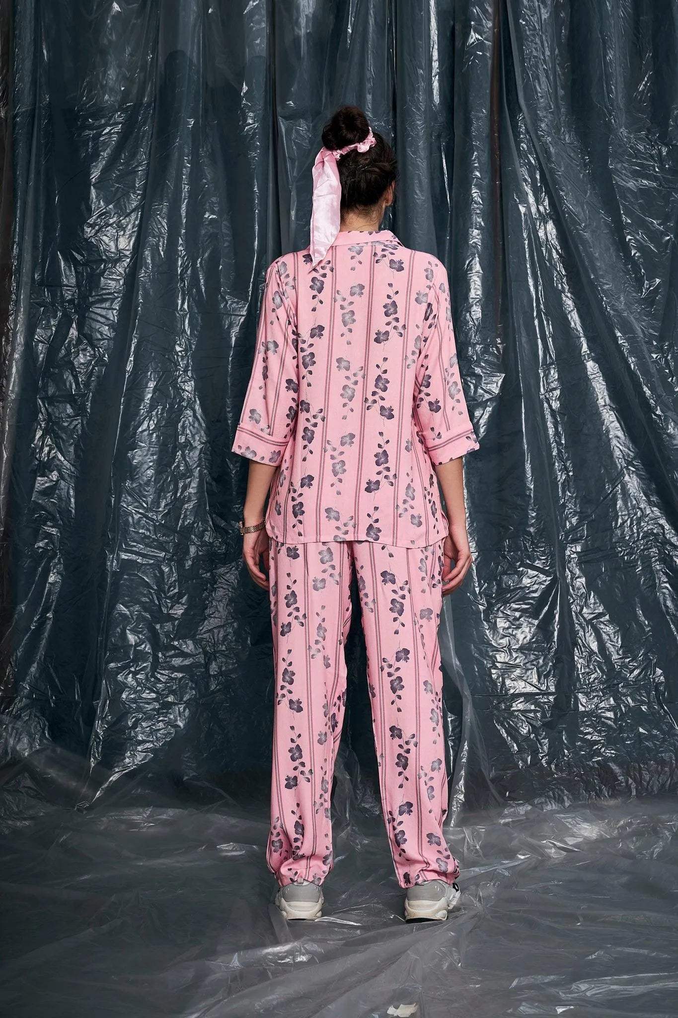 Velure Ethnic Floral Stripes Night Suit - Velure - - 3/4 Sleeves, Collar Neck, Cotton, Floral Print, Front Button Open, Full Length Pant