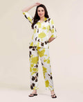 Velure Colourblock Satin Print Night Suit - Velure - - 3/4 Sleeves, Abstract Print, Collar Neck, Front Button Open, Full Length Pant, Satin